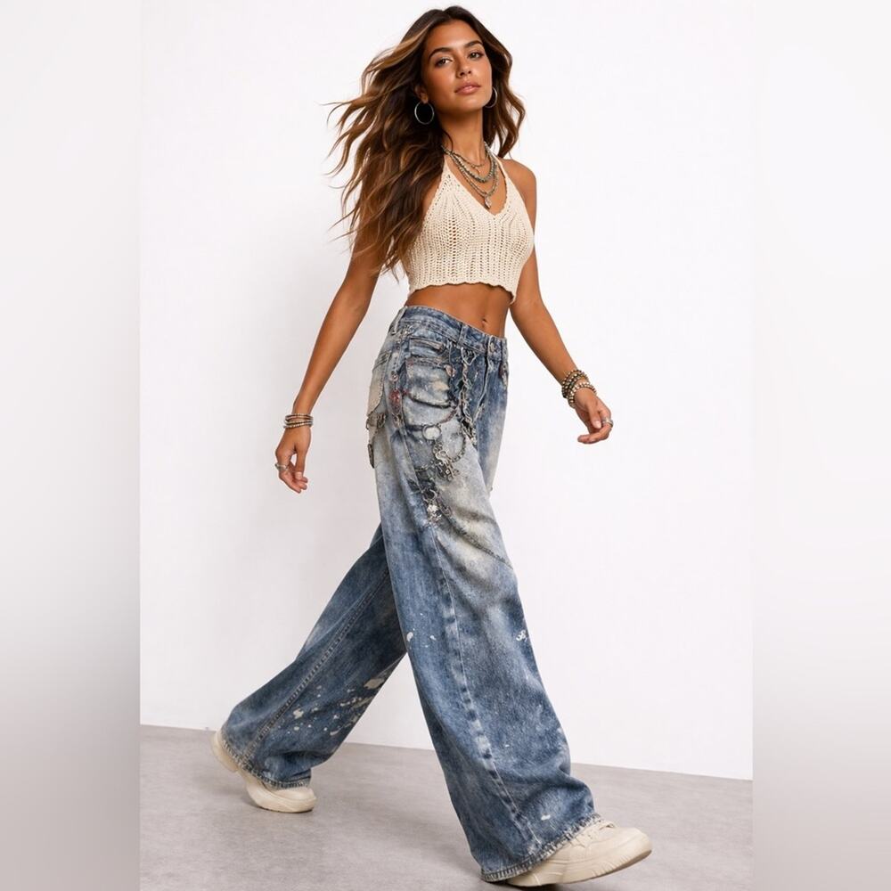 Streetwear Graphic Chain Print Wide Leg Jeans Women L/XL Boho Relaxed Denim NWT